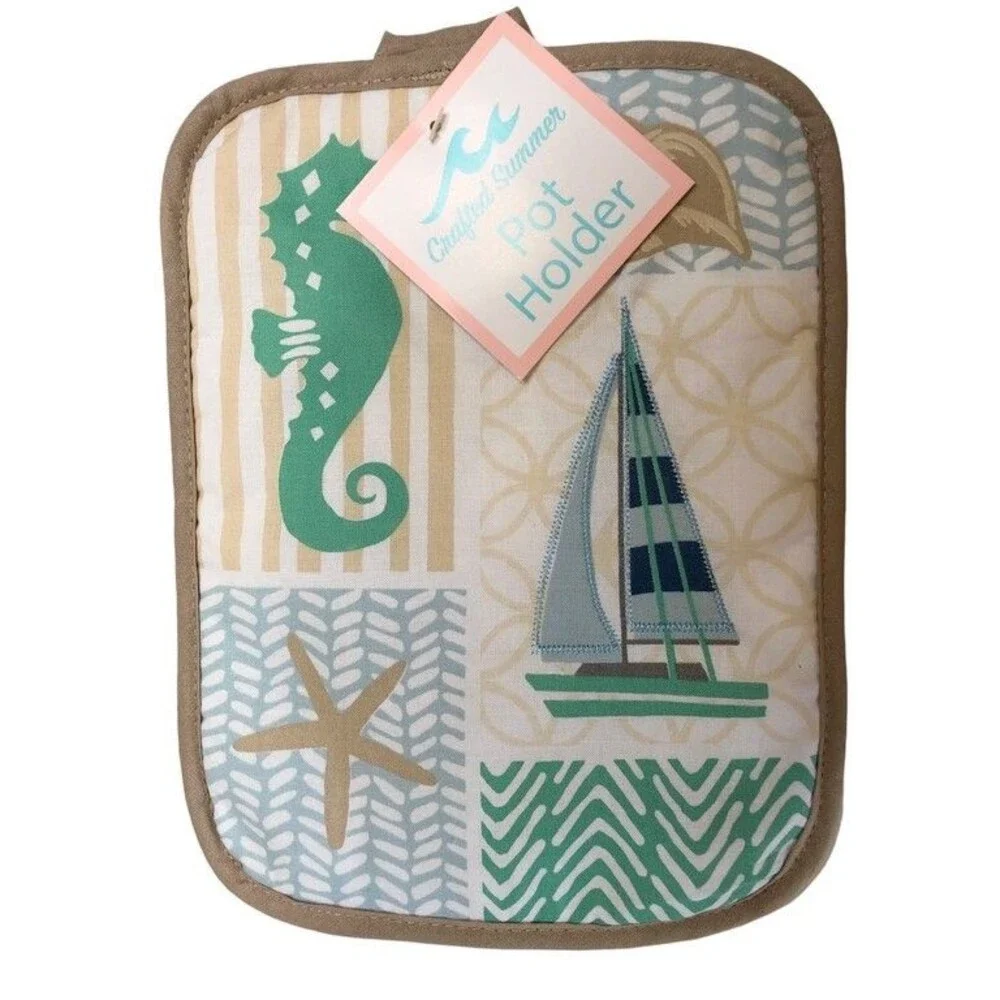 Seahorse Sailboat Dish Towel Oven Mitt Potholder Set of 3 Beach Summer House